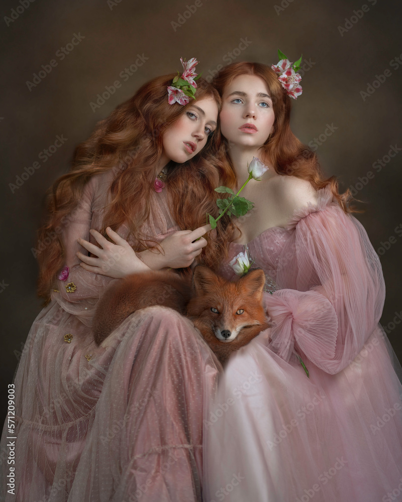 Two pensive red-haired girls with flower-decorated hair and a fox on their knees