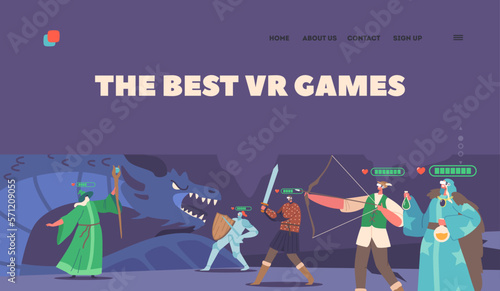 The Best Vr Games Landing Page Template. Characters Wearing Virtual Reality Headset and Fantasy Costumes Playing Mmorpg