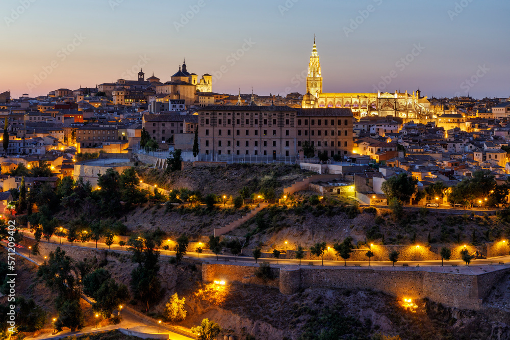 View at sunset of the Primatial Cathedral of Saint Mary of Toledo otherwise known as Toledo Cathedral, is a Roman Catholic church in Toledo, Spain. Toledo was declared a World Heritage Site by UNESCO.