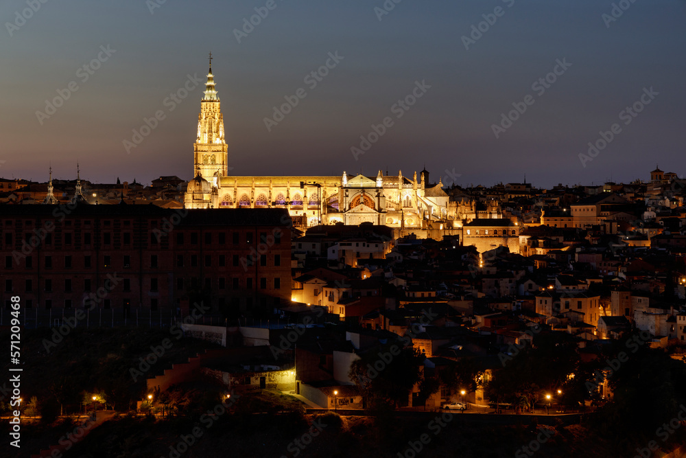 View of Primatial Cathedral of Toledo at night in the historic city of Toledo, Castilla La Mancha, Spain.