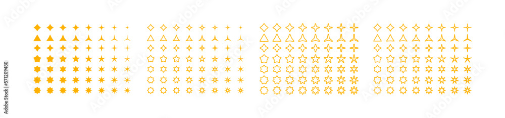 Four sets of polygons in different styles. Stars, triangles, pentagons,hexagons,polygons,mathematical figures,yellow color. The concept of geometric shapes. Set of flat polygons on a white background Four sets of polygons in different styles. Stars, triangles, pentagons,hexagons,polygons,mathematical figures,yellow color. The concept of geometric shapes. Set of flat polygons on a white background