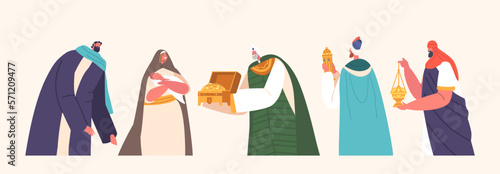 Gifts Of Magi Biblical Scene With Three Wise Men Brought Gifts To Honor Jesus. Balthazar, Caspar And Melchior