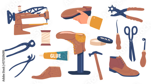 Set Of Boarding Tools. Board Lasts, Cutting Knives, Awl, Stitching And Chisels. Edge, Beveler, Hammer, Welt And Roller