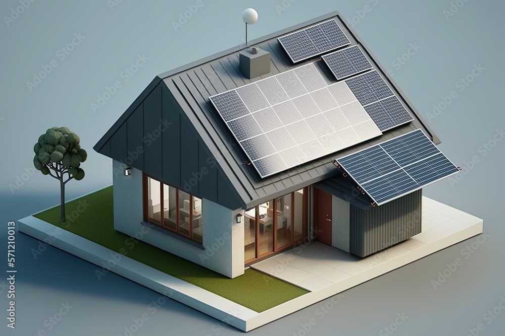 Solar panels on idilic 3D house. Natural resource of energy. Generative AI Solar panels on idilic 3D house. Natural resource of energy. Generative AI