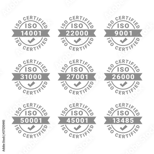Iso certified vector label set. 9001, 50001 certificate badge vector icons.