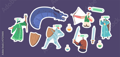 Set Of Stickers Characters Wearing Virtual Reality Headset And Fantasy Costumes Playing Mmorpg Video Game