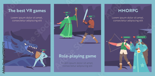 The Best Vr Games Cartoon Banners. Characters Wearing Virtual Reality Headset and Fantasy Costumes Playing Mmorpg