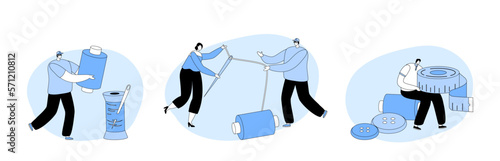 Set Atelier Workers Repair Clothes. Tiny Characters With Sewing Tools In Workshop. Tailor Or Dressmaker Profession