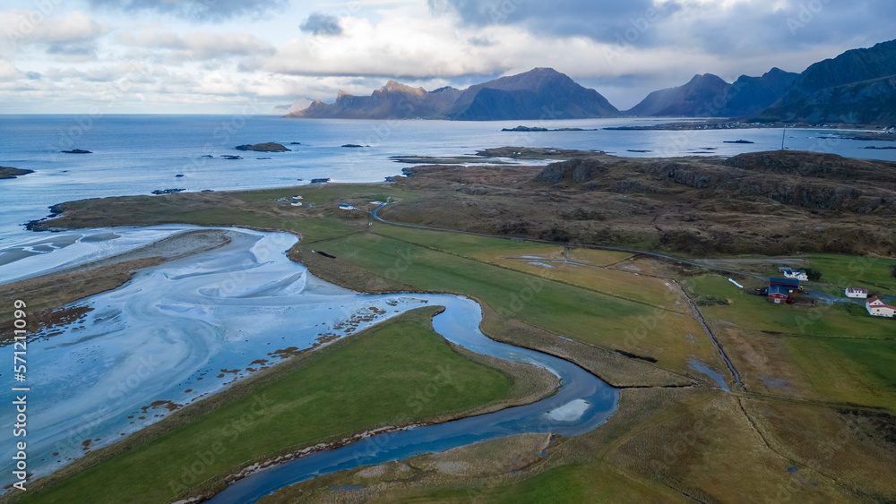 Fototapeta premium Lofoten islands, Norway. October, fall, drone photo