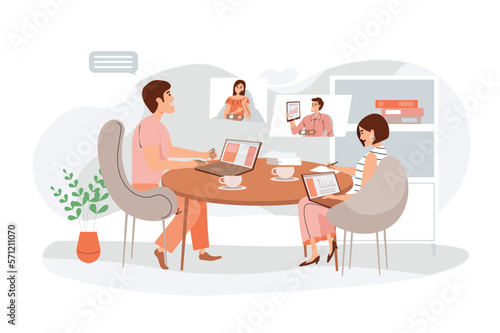 Online education orange concept with people scene in the flat cartoon style. Two students study online because it is more convenient. Vector illustration.