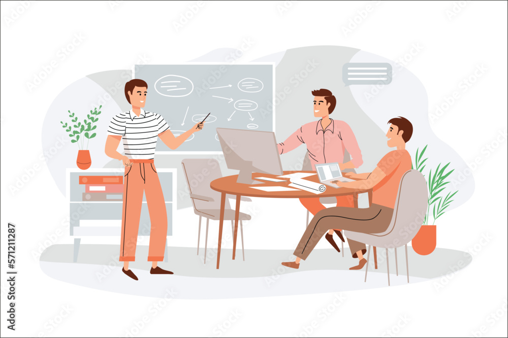 Orange concept Business office with people scene in the flat cartoon design. Manager explains new business concept for colleagues in the new office. Vector illustration.