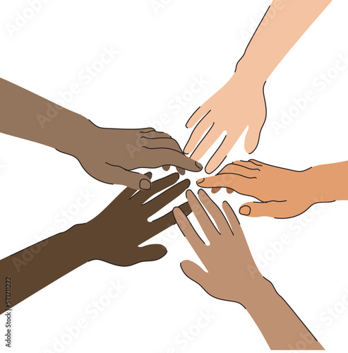 different but equal. banner with hands of different skin colors stacked on top of each other as teamwork