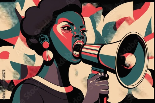 African American girl with megaphone, activist against racism. Generative AI