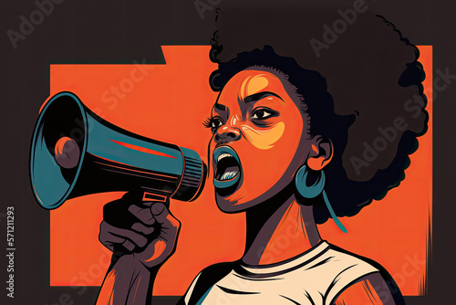 African American girl with megaphone, activist against racism