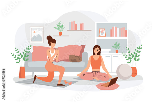 Fitness at home orange concept with people scene in the flat cartoon design. Two friends do physical exercises at home. Vector illustration.