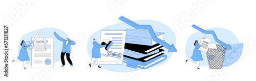 Contract Cancellation, Agreement Termination Concept. Tiny Characters Cutting Huge Terminated Contract Paper Sheet