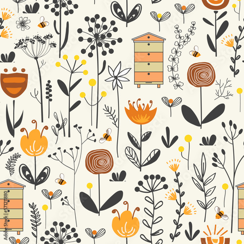 Meadow flowers, honey bee, and beehives seamless pattern. Blooming grass apiculture background in Scandinavian style. Folk field doodle flowers vector pattern