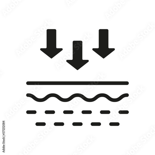 Skin Absorption Silhouette Icon. Penetration of UV Ray to Skin Glyph Pictogram. Arrow Down to Skin Layer Icon. Skin Nutrition Concept. Isolated Vector Illustration