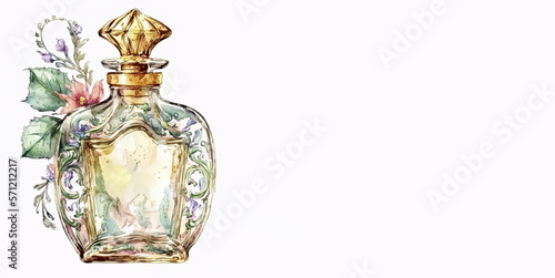 Perfume bottle, glass, fragrance, green and yellow watercolour hues, illustration, generative AI