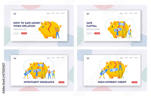 Investment Insurance Landing Page Template Set. Characters Fixing Broken Piggy Bank. Professionals Repair Pig Moneybox