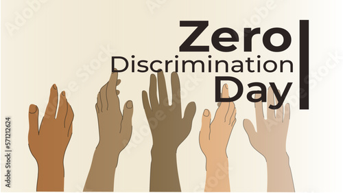 Zero discrimination day banner with hands of different skin colors stacked on top of each other as teamwork