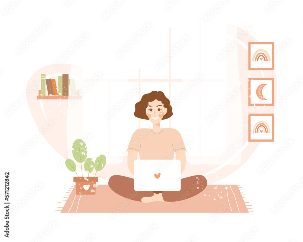 Smiling woman with laptop sitting on the floor at her cozy home.  Vector character in flat cartoon style. Concept of freelance, working or studying from home, online education