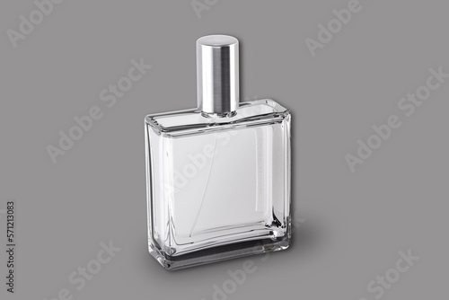 Empty blank white perfume cosmetic bottle Mock up isolated on a grey background. 3d rendering. 
