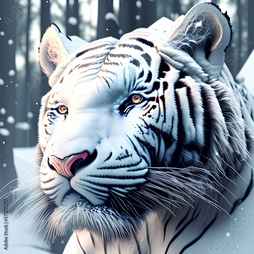 Close up of a big white tiger head. Bleached tiger of India in a snowy forest and winter background. 3D rendering. 3D Illustration - generative ai