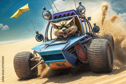Crazy cat driving dune buggy on the sandy beach illustration generative ai