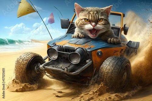 Crazy cat driving dune buggy on the sandy beach illustration generative ai photo