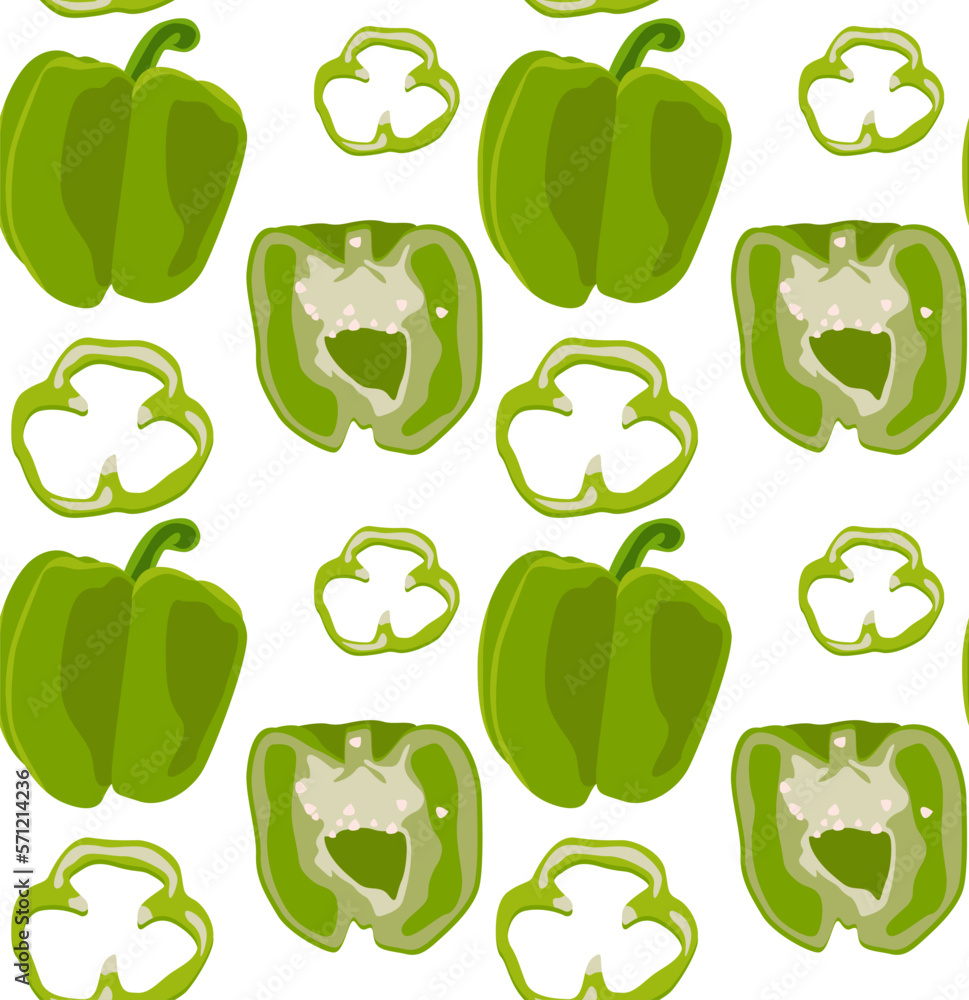 Whole green bell pepper, pepper slices and pepper cut in half. Seamless pattern in vector. Natural product. Diet food. Whole green bell pepper, pepper slices and pepper cut in half. Seamless pattern in vector. Natural product. Diet food.