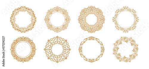 Set of decorative frames Elegant vector element for design in Eastern style, place for text. Floral gold and white borders. Lace illustration for invitations and greeting cards
