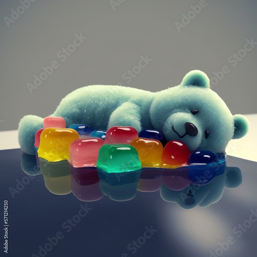 gummy bear, Korean style, sleeping  color childhood delicious teddy sweet flexible cute fine plush teddy color jelly real smiling  lies down dream so soft Generative AI 