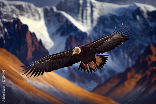 A huge condor flies against the backdrop of snow-capped mountains. AI generated. photo