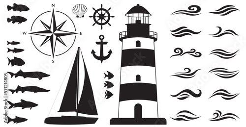 Fototapet Lighthouse illustration, boat anchor and yacht steering wheel, vessel with sail, wing rose flat icon, different types of fish vector collection