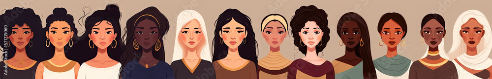 Group of multinational woman illustration. Generative AI Group of multinational woman illustration. Generative AI