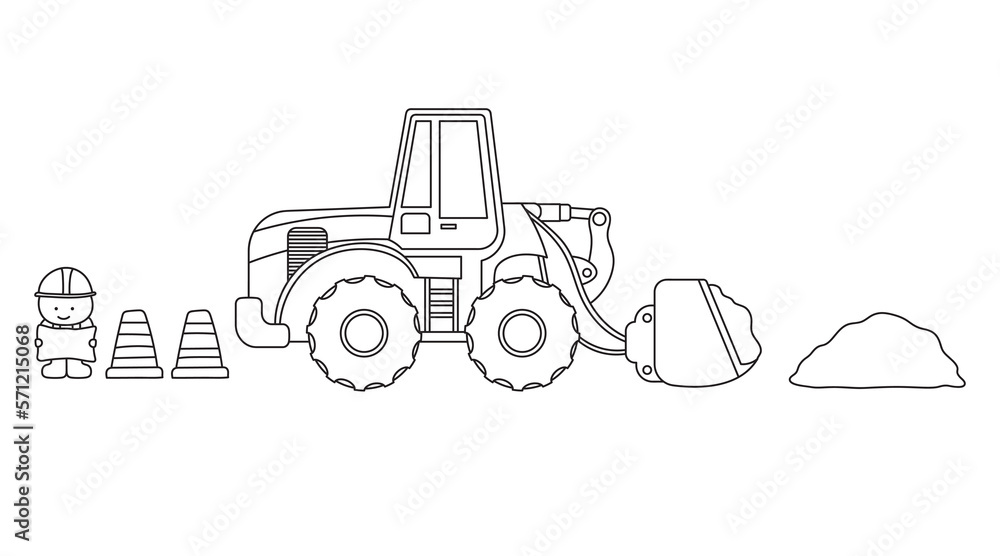 Hand drawn Vector illustration color children construction wheel loader with dirt and construction worker