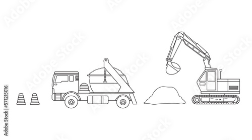 Hand drawn clip art color children set of construction mini excavator, dump truck, and traffic cones