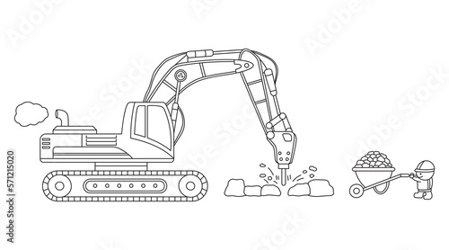 Hand drawn Vector illustration color children construction drilling machine excavator with rocks and construction worker
