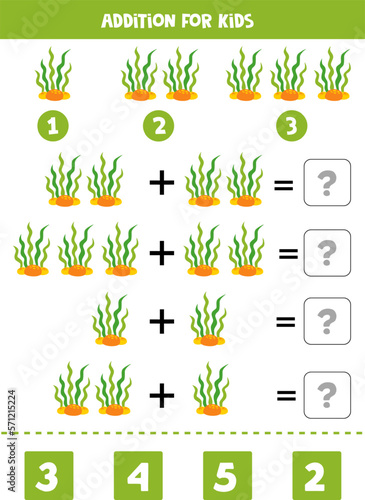 Addition with cute cartoon seaweeds. Educational math game for kids.