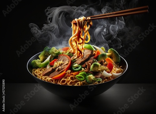 beef yakisoba on the black background. food chinese IA