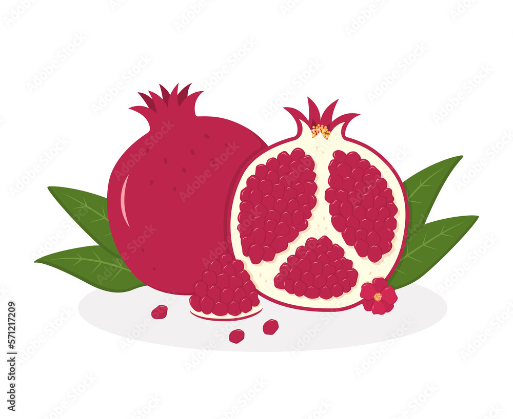 Ripe pomegranate whole, half, and seeds with green leaves. Colorful illustration for package and menu design. Illustration in a flat style. Ripe pomegranate whole, half, and seeds with green leaves. Colorful illustration for package and menu design. Illustration in a flat style.