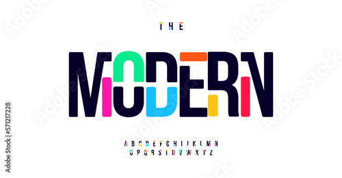 Modern color alphabet, rudiments puzzle letters, colorful stencil font for bright toy logo, game headline, creative rainbow typography, bold condensed text. Vector typographic design