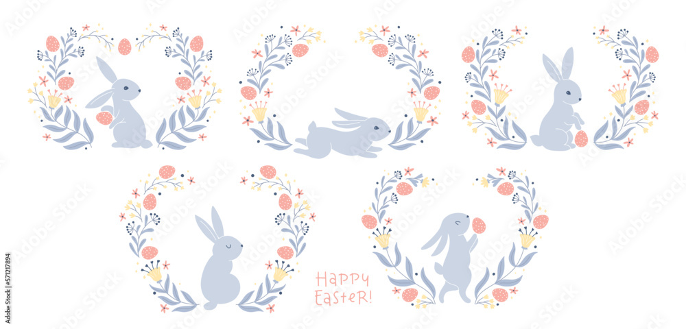 Fototapeta premium Vintage postcard collection for Easter with a hare rabbit with dotted Easter eggs, folk style with fantastic flowers. Cartoon cute animals in hand-drawn doodle style. Limited pastel palette. Vector.