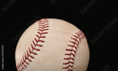 Closeup of a used baseball with red stitching