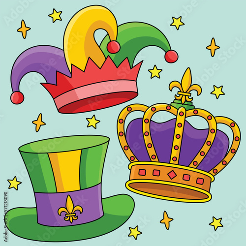 Mardi Gras King Crown and Jester Hat Colored 