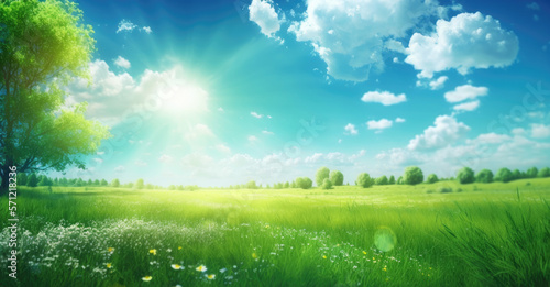 Beautiful meadow field with fresh grass and white flowers in nature against a blurry blue sky with clouds. Summer spring green natural landscape. Generative ai