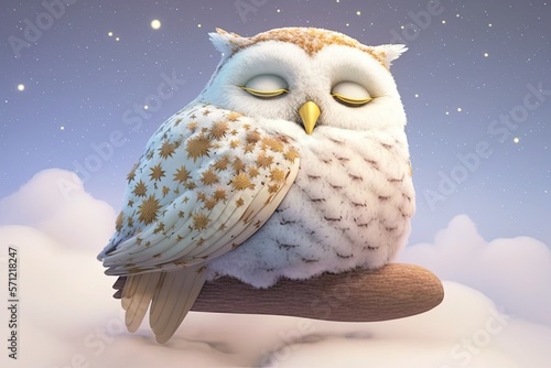 Cute sleeping baby owl. Illustrations for children. Generative AI. photo