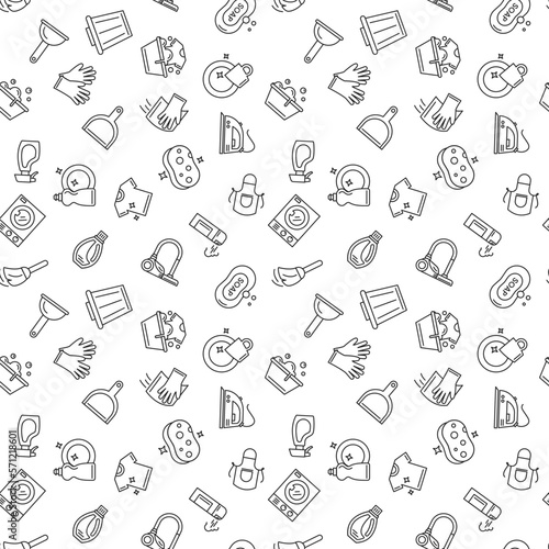 Housework icon pattern vector isolated. Illustration of cute seamless pattern for background. Outline housework pictograms. Detergent  iron  cleaning spray and other domestic tools