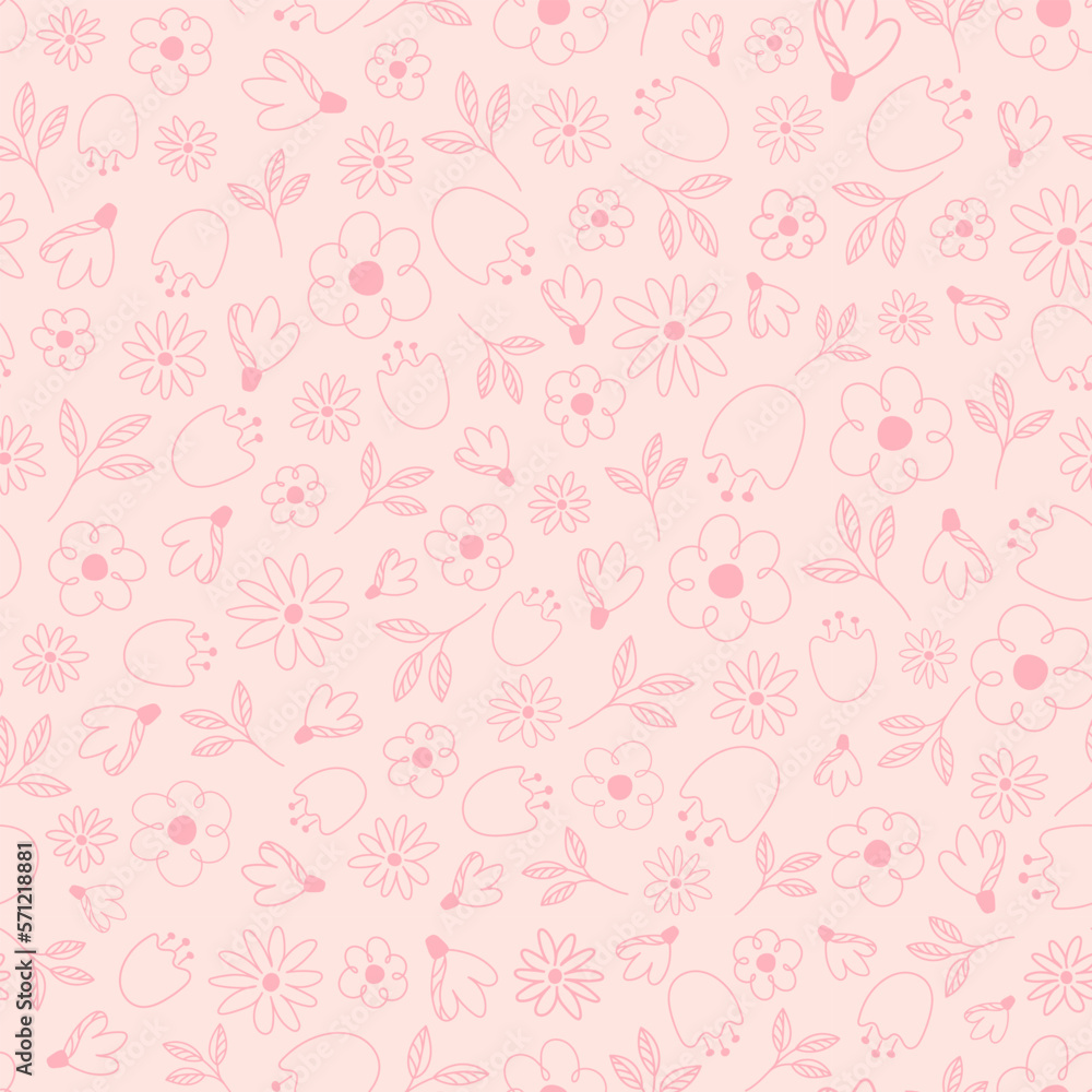 Floral seamless pattern in linear style . Simple Abstract hand drawn flowers of various shapes and scribbles.